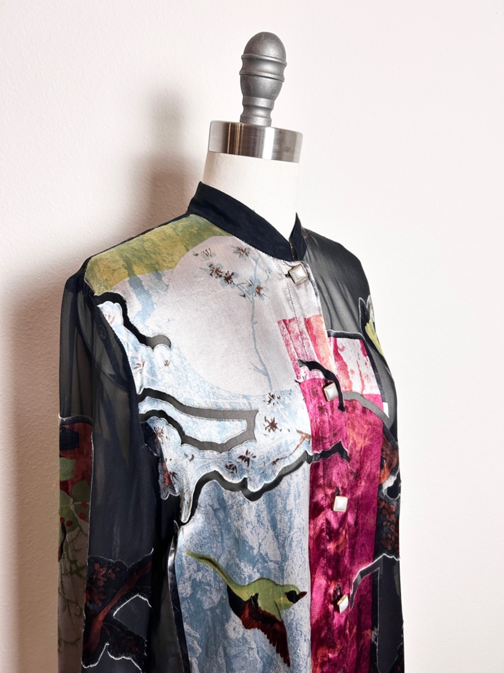 Vtg Citron Abstract Whimsy Goth Silk Chiffon Sheer Button Tunic Top Multicolor M
